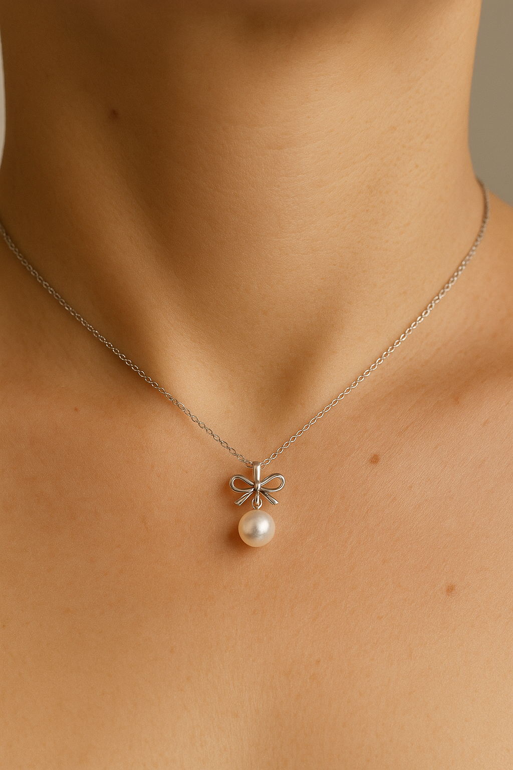 Silver Bow Drop – Akoya Pearl Pendant
