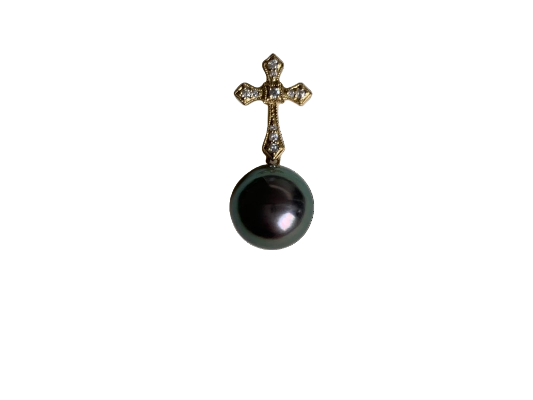 Divine - Tahitian Pearl Pendant Charm with 18k Gold & Diamond Cross