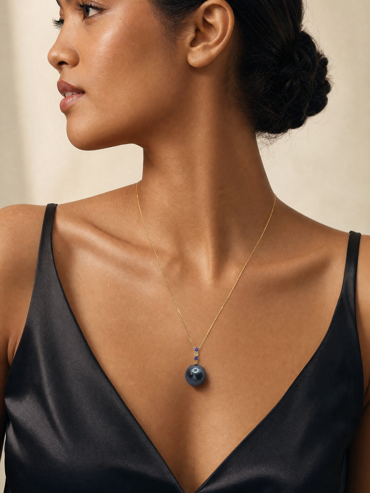 Mist Blue - Tahitian Pearl Pendant Charm with 18k Gold, Blue Garnet & Diamond