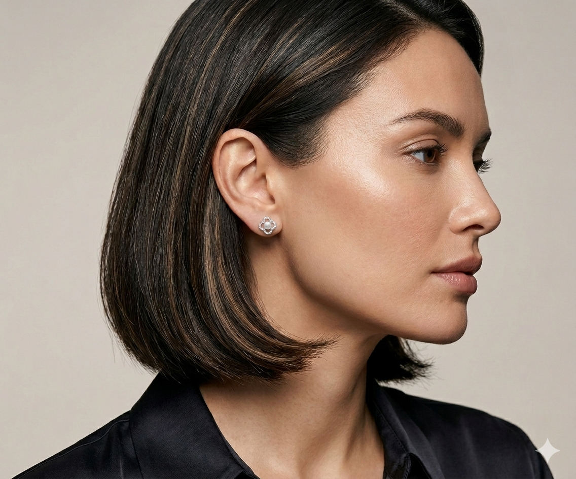 Flora - Silver Clover Earrings with Akoya Pearl & Zirconia