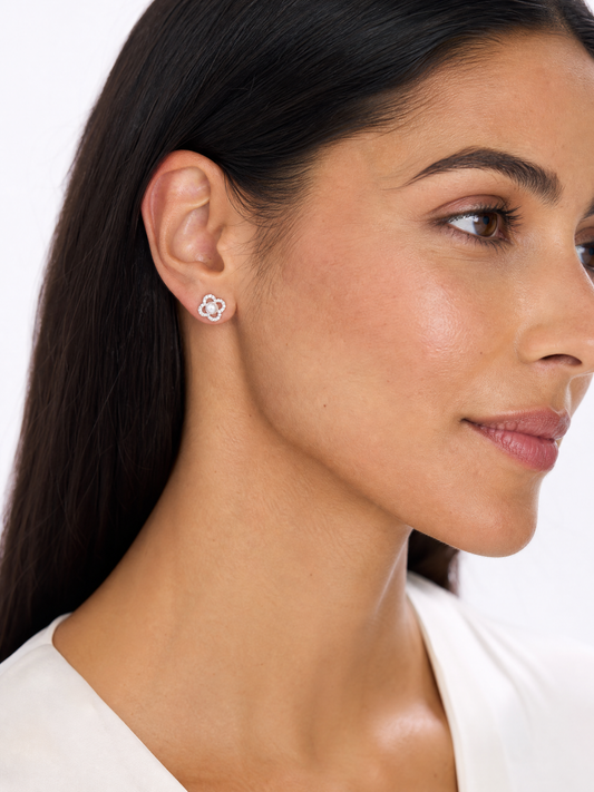 Flora - Silver Clover Earrings with Akoya Pearl & Zirconia