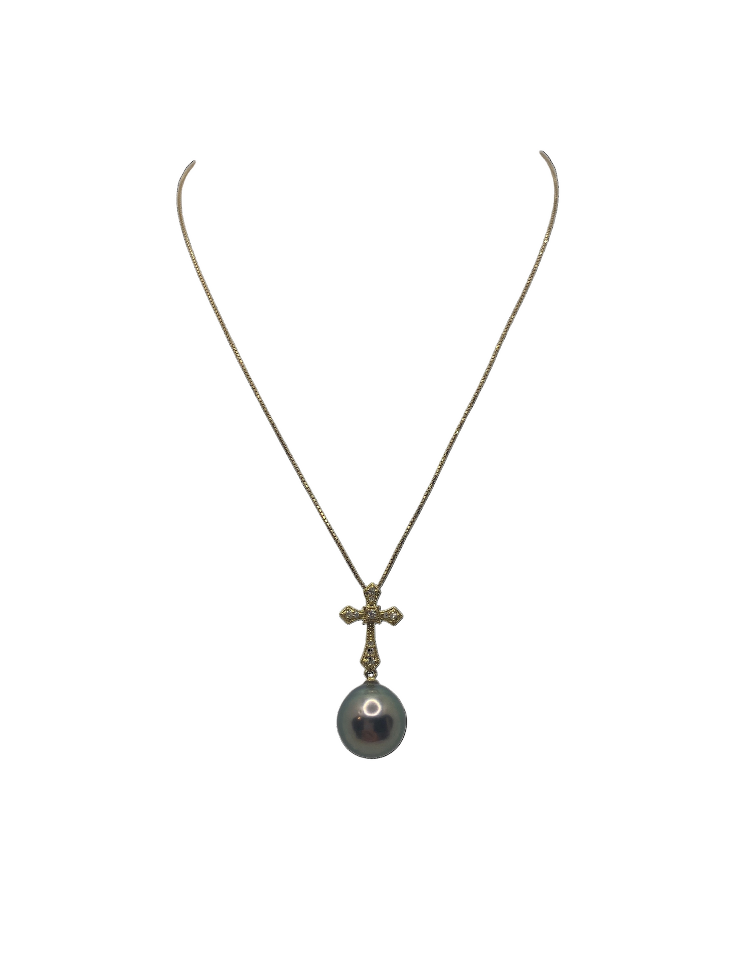 Divine - Tahitian Pearl Pendant Charm with 18k Gold & Diamond Cross