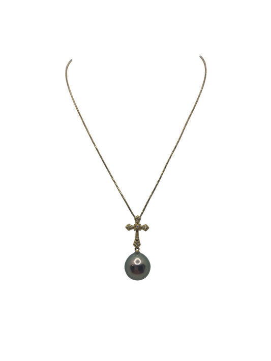 Divine - Tahitian Pearl Pendant Charm with 18k Gold & Diamond Cross